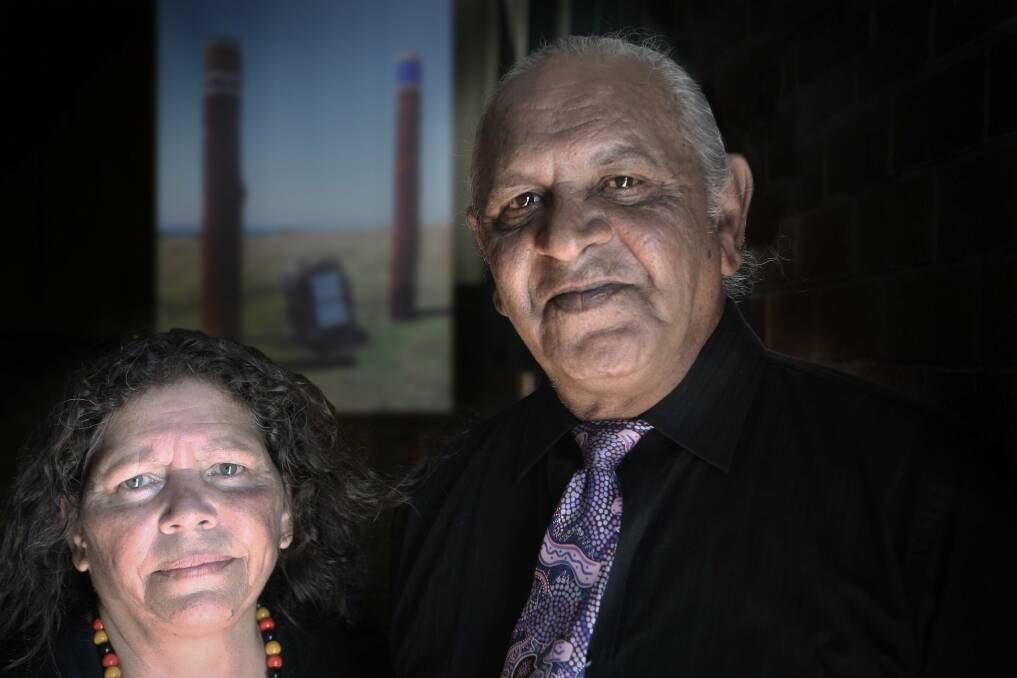 Aboriginal artists Phyllis Stewart and Steven Russell created dreaming poles for the Kiama Coastal Walking Track. Picture: PAUL JONES