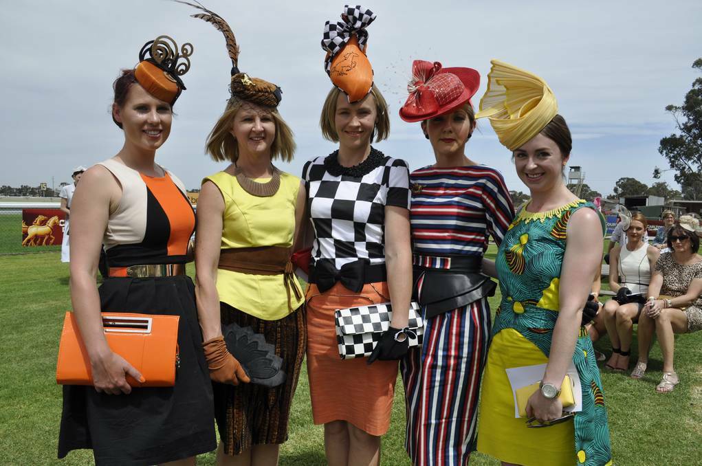 MURRAY VALLEY STANDARD: Rose Ampt, Helen Varcoe, Virginia Ross, Jen Marsh and Rebecca Butcher get ready to take part in the Murray Bridge Gold Cup fashion on Wednesday.