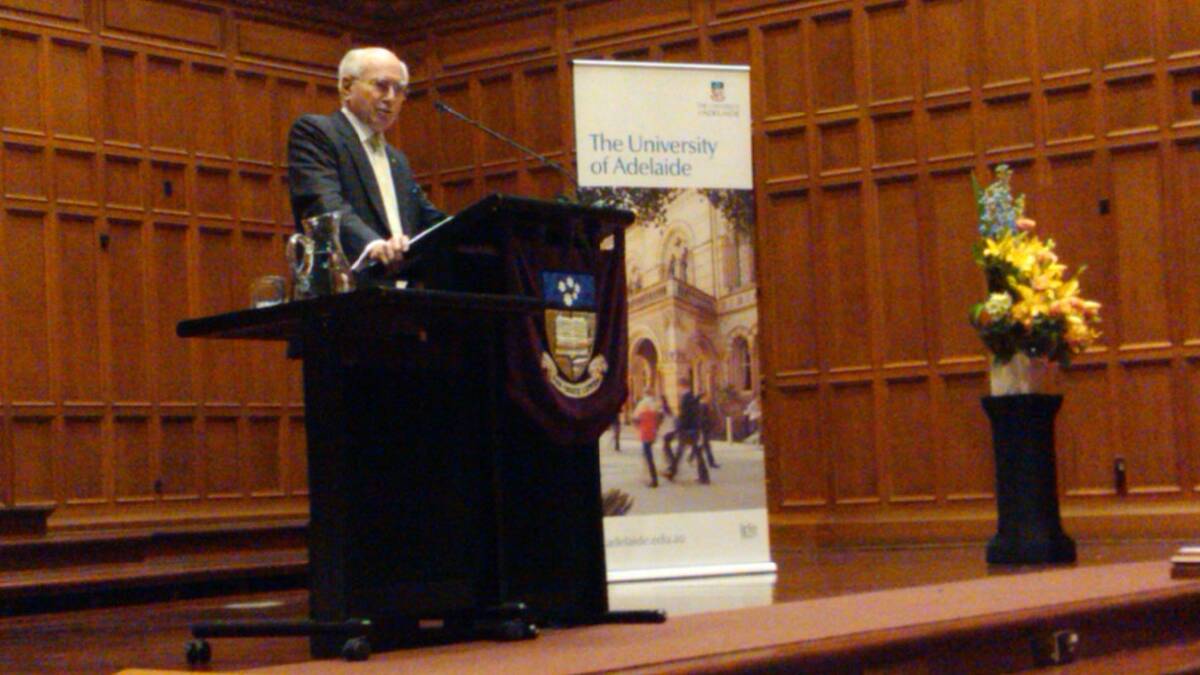 Former Prime Minister John Howard speaks to a capacity crowd of 900 inside Bonython Hall at the University of Adelaide.