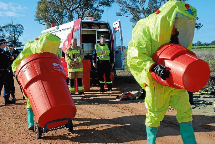 Narromine Fire and Rescue NSW and the Hazmat Unit from Dubbo were called to collect fumigant material discarded on the outskirts of Narromine on Monday.