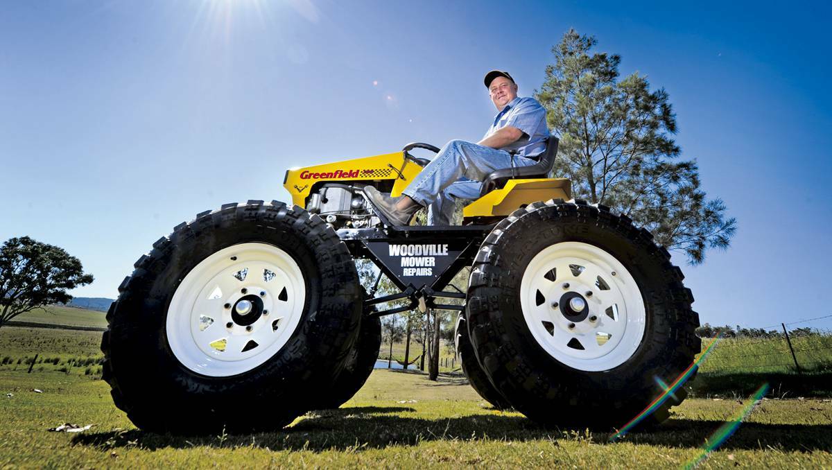  Anthony Hicks of Woodville on his giant mower that stands nearly two metres high. PHOTO: The Maitland Mercury.