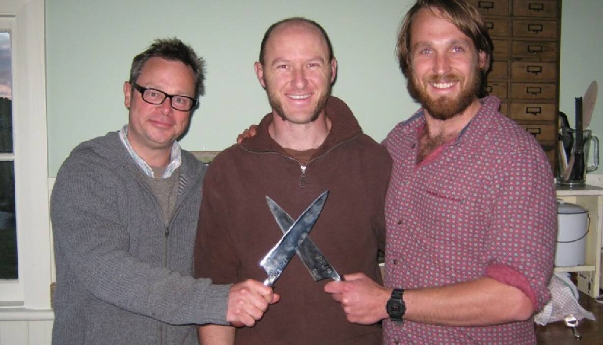 TILBA: Inaugural South Coast Knife Show organiser Iain Hamilton is pictured with River Cottage hosts Paul West and Hugh Fearnley Whittingstall and the knives he made for them on the television show. The knife show is at Central Tilba this Sunday from 10am to 4pm. 