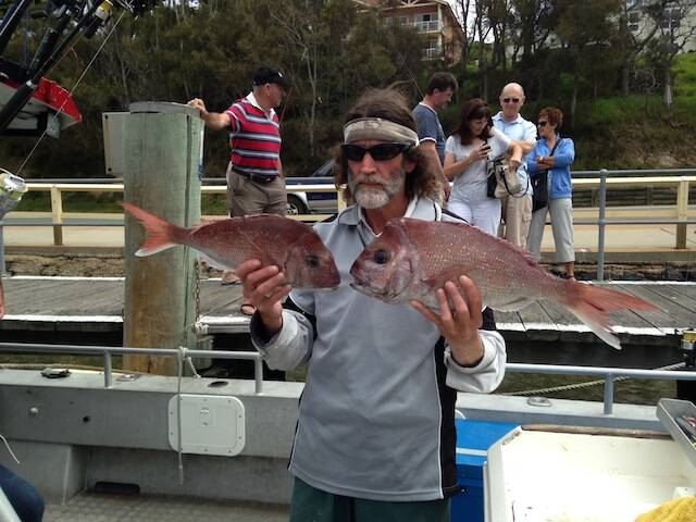 SNAPPER CATCH: Mark from Canberra and two of his nice snapper caught on the Sheriff at Tuross on Saturday. 5/1/2014