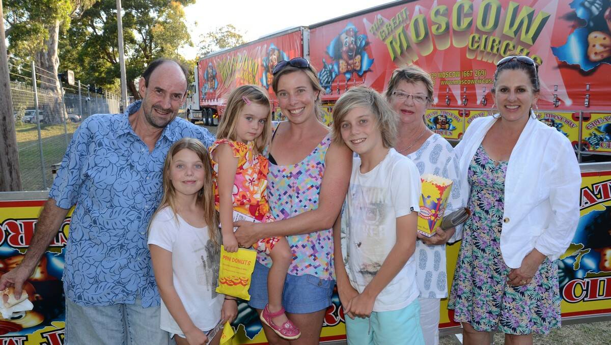 BATEMANS BAY: Crowds were wowed at the opening night of the Great Moscow Circus at Mackay Park on Wednesday night. Pictured is Ken Davis, Leila, Kate, Emma and Anthony Patyus and Helen and Shelley Davis before the show.