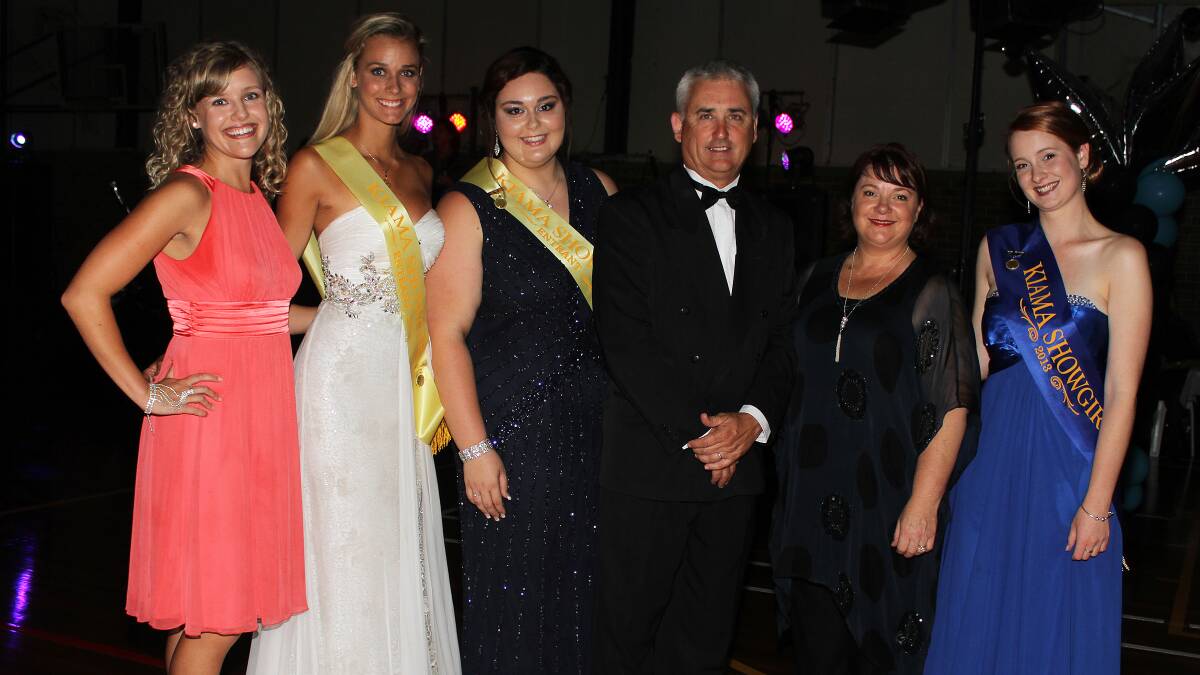 Kiama Showgirl co-ordinator Daniell Cetinski, entrants Aleisha Brooke-Smith and Melissa Tierney, Kiama Show President David Young and his wife Michelle and 2013 Showgirl Katherine Cullen at Friday's ball. Picture: DAVID HALL