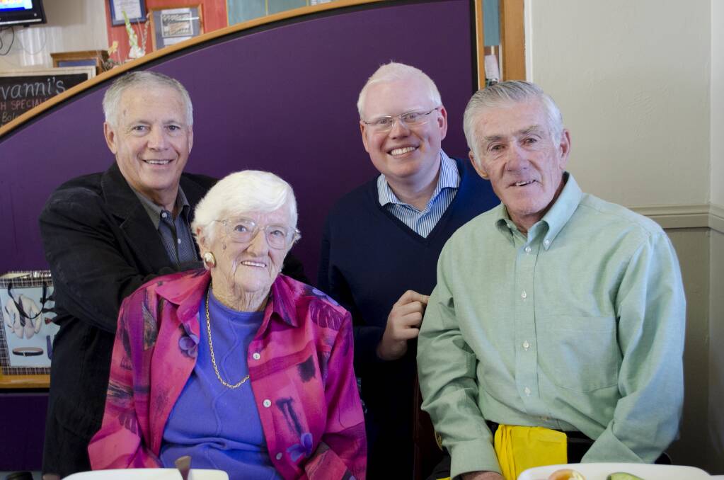 Kiama mayor Brian Petchler, Norma Stead, Memner for Kiama Gareth Ward and Australia tennis legend at the luncheon to mark Norma's retirement after 50 years as treasurer of the Kiama Tennis Club. Picture: MIKE YALDEN