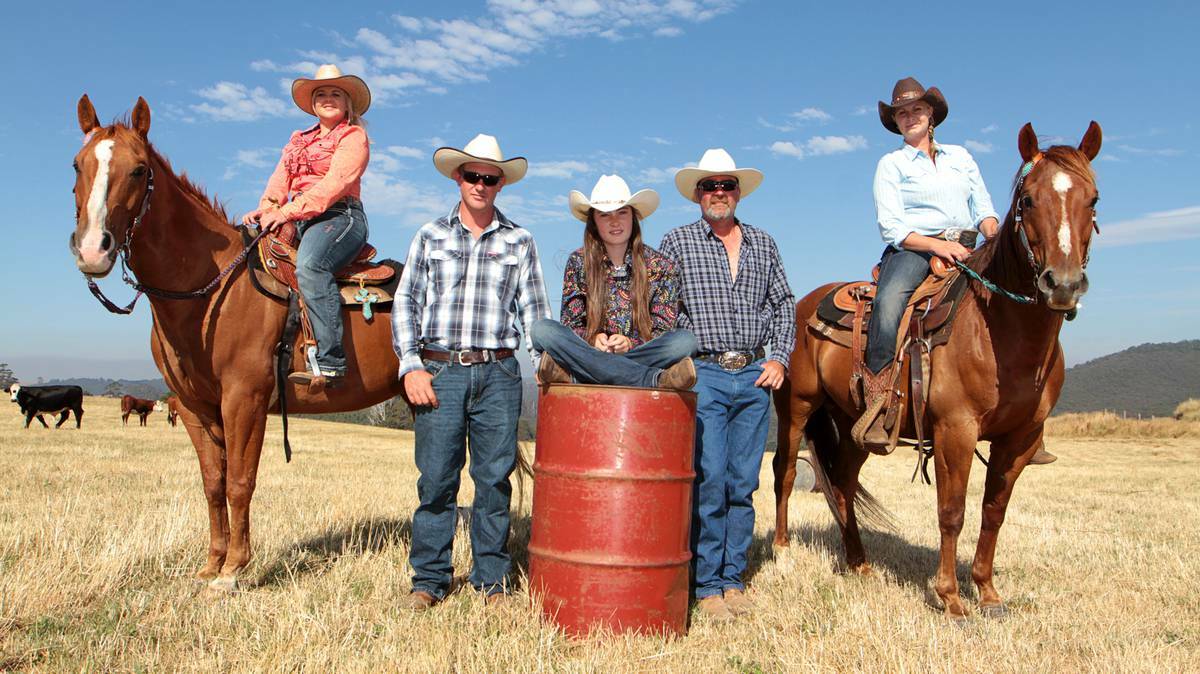 READY: Looking forward to the Preston Rodeo are (from left) Laura Johnson, riding Jack, and Gene Marshall, both of Preston, with Denvah, 11, Adrian and Shelly Mills, riding Ace, all of Central Castra. Picture: Meg Windram.