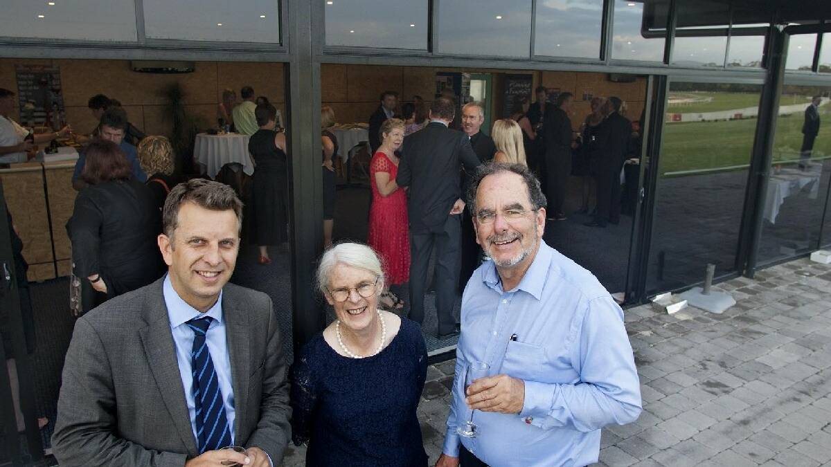 KALARU: At Tulgeen’s 30th anniversary celebration at Sapphire Coast Turf Club are (from left) Member for Bega Andrew Constance, Tulgeen chairwoman Gae Rheinberger and CEO Pete Gorton. Photo: Peter Smith.