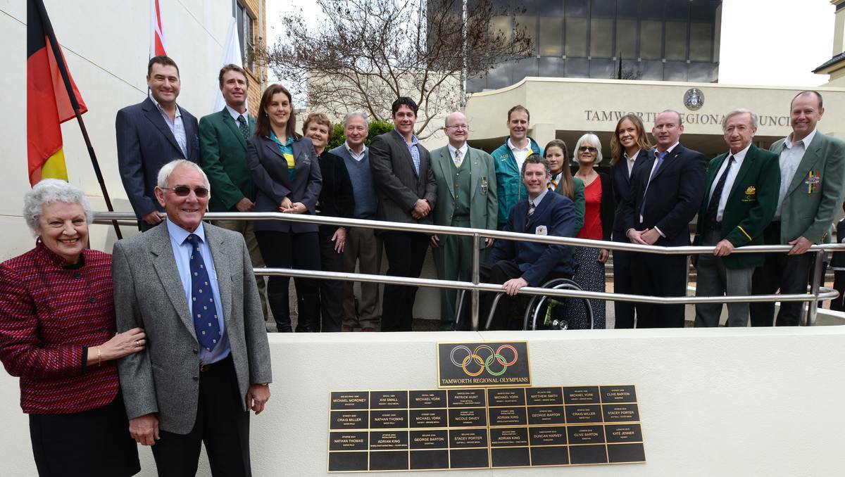 A total of Twenty four plaques have been been unveiled on the Tamworth Regional Olympian Honour Wall as a tribute to the Olympic ideals of 15 games representatives. Pictured are Australian Olympic Committee vice president Helen Brownlee with Tamworth committee chair Ron   Surtees, and back, George Barton, Clive Barton, Nicole Davey, Joan and Lindsay Davy, Duncan Harvey, Patrick Hunt, Craig Miller, Adrian King in front, Kate   Jenner, Judy Thomas, Stacey Porter, Matthew Smith, Mike Moroney and Michael York.