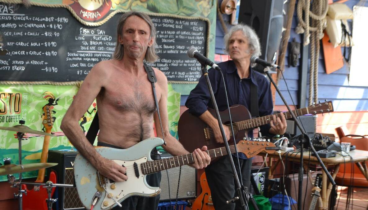 NAROOMA: For the last song of Dog Trumpet’s gig at the Quarterdeck, Reg Mombassa of Mental As Anything and Mambo fame, got his shirt off in his best gibbon/possum impersonation.