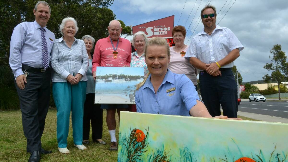 ULLADULLA: Trudy Bidewell takes front place showing off some of the art that will be auctioned during the big Milton Hospital renal unit fundraising dinner on   November 30. She is joined by Darryl Bozicevic, Mary Lamb, Carmin Sullivan, Patrick McKenna, Narelle Ober, Denise McKenna and Stuart Emslie.