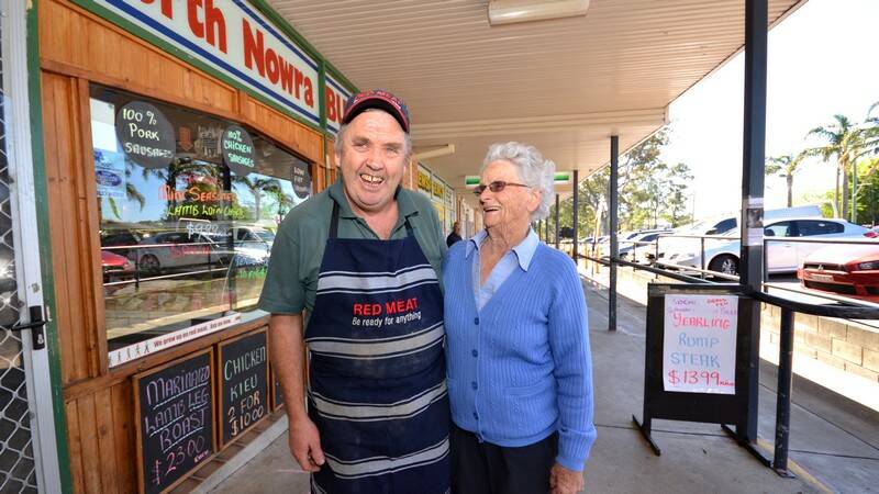 NOWRA: Butcher Wayne Kennedy and North Nowra customer Pym Bennett at the North Nowra Shopping Centre, which sold for a healthy $4.7m.