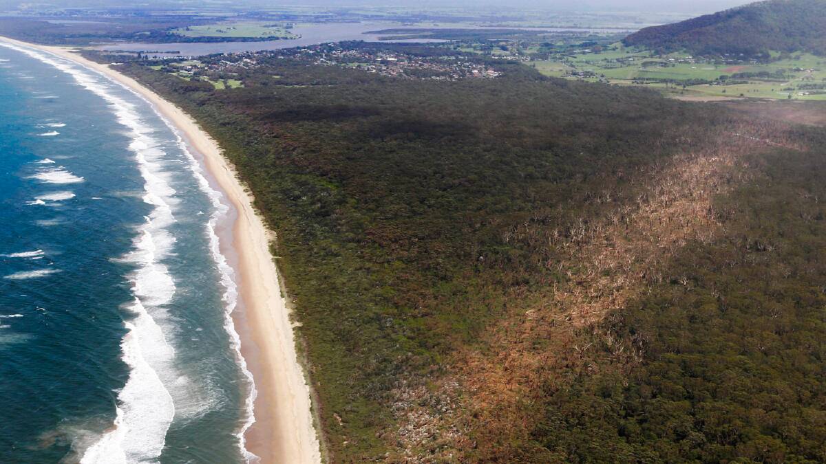 High above Seven mile beach - showing the path of a tornado that ripped through Gerroa and Kiama. Picture: ANDY ZAKELI