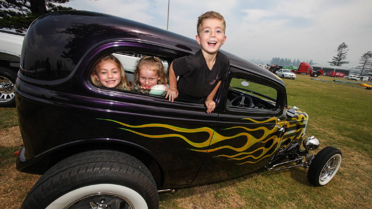 Car Show and Swap Meet at Kiama Showground. Hanging for a ride were Jazmin McTaggart, 7, Emily Low, 4, and Bailey McTaggart, 5.  Picture: DYLAN ROBINSON