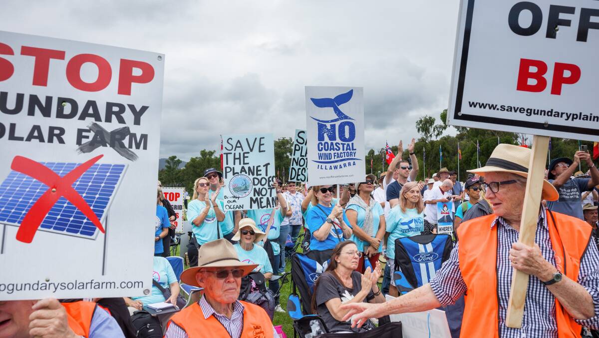 Illawarra opponents of offshore wind joined climate denialists for an anti-renewable protest in Canberra in February 2024. Picture by Sitthixay Ditthavong