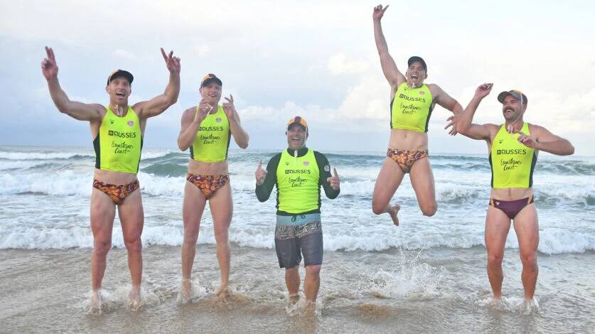 Heath Mercer, Kyle Mercer, Fraser Worthington, Dean Roberts, and Shane Geloven were part of the all-conquering Bulli SLSC open mens team at the Australian Championships. Picture - Surf Life Saving