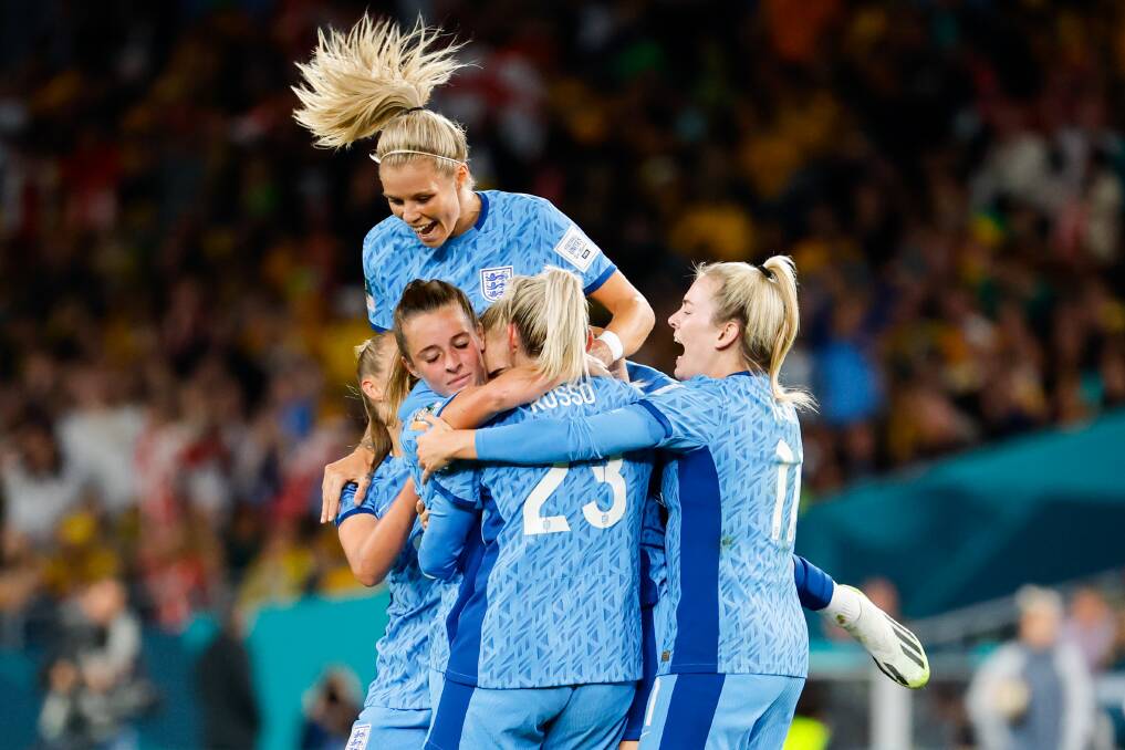 August 16. , England players celebrate scoring a goal during their 2023 Women's World Cup semi-final match against Australian at Stadium Australia, Olympic Park, Sydney.