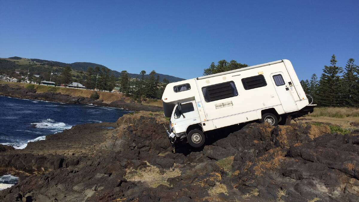 A motorhome rolled down a hill and onto rocks near Kiama Lighthouse on Tuesday. Picture: Sylvia Liber
