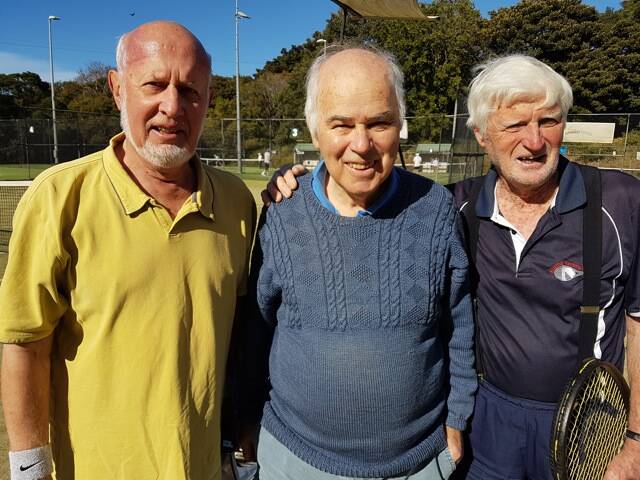 Bruce Ryan, Allan Hansell and Bob Morgan relax after a close match set at the Noorinan Street Tennis Centre.