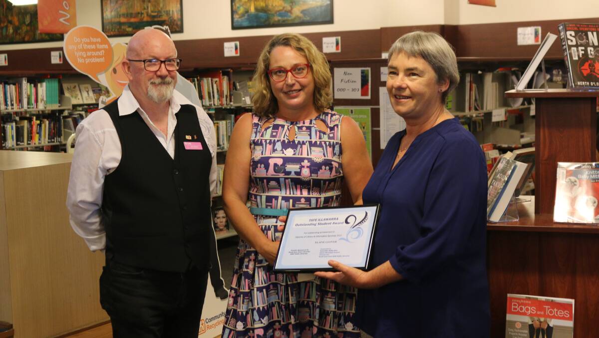 TAFE Illawarra head teacher library information services Rob Thomas, south east zone award recipient Elaine Glover and Cr Kathy Rice.