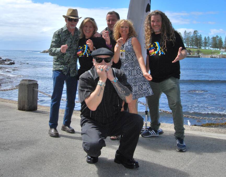 Ross Eggleton, Tricia Ashelford, Cr Matt Brown, Becky Guggisberg, Mikey Freedom and Deak Harp get into the swing of things at the Kiama Jazz and Blues Festival 2018 launch on Thursday.