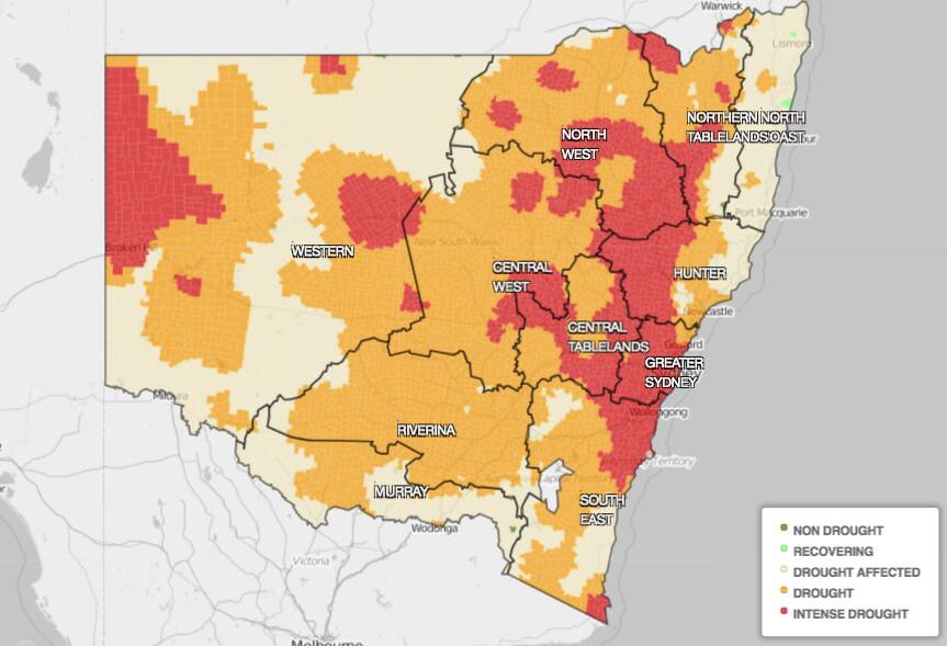 The latest drought map from the Department of Primary Industries shows Kiama is experiencing intense drought.