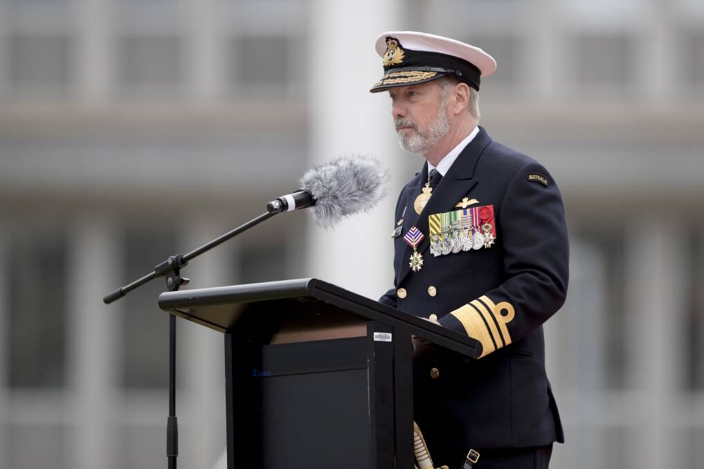 Vice Admiral Tim Barrett, AO, CSC, RAN, delivers his farewell address during the change of command parade at Russell Offices, Canberra. PHOTO: Jay Cronin.