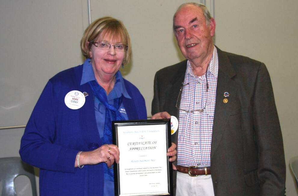  Peter Wood in 2015 with then-president of Batemans Bay Rotary Vere Gray, celebrating the contributions of Rotary to the batemans Bay Youth Foundation.