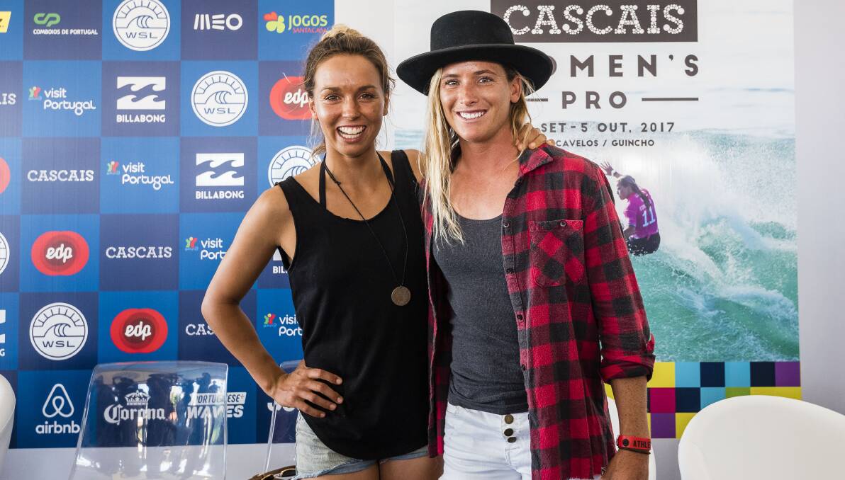 READY Number one and two on the Jeep Leaderboard, Sally Fitzgibbons and Courtney Conlogue at the press conference for the Cascais Women's Pro. Photo: WSL/Pedro Mestre