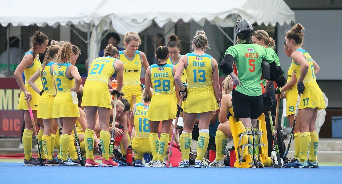 Grace Stewart (far left) and her Hockeyroos team mates during the Four Nations decider against Japan. Photo: HOCKEY AUSTRALIA