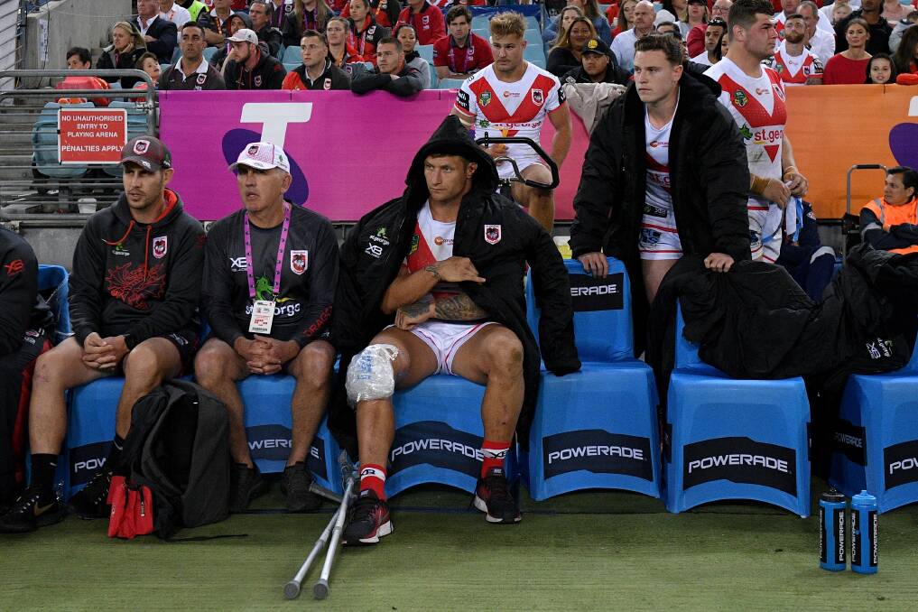 Tariq Sims with ice on his knee during the Dragons match against the Rabbitohs at the weekend. Photo: Dan Himbrechts