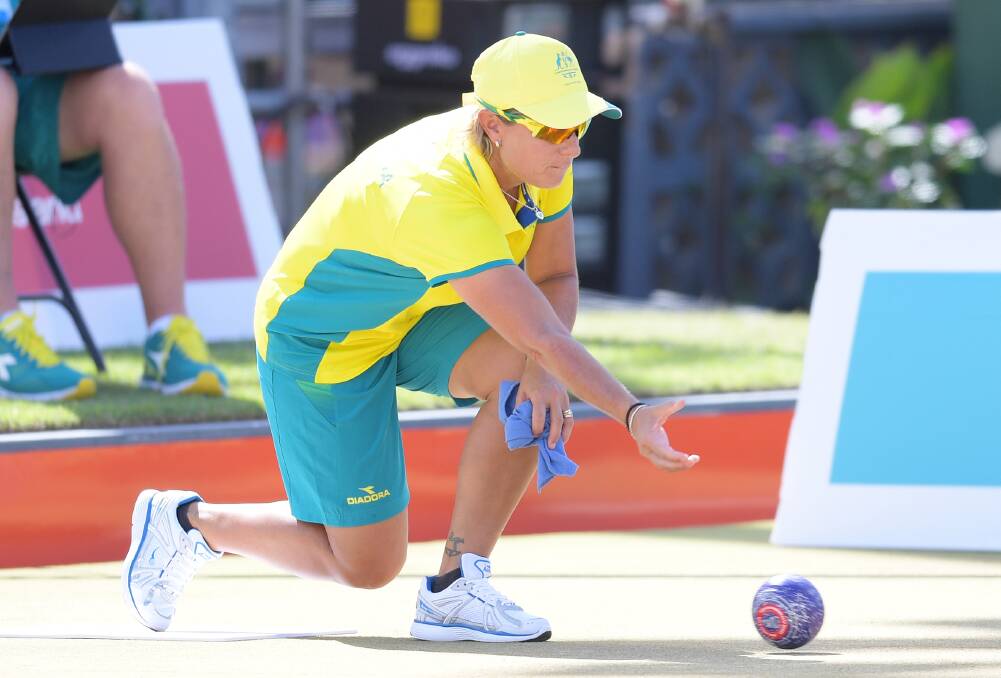 GOLDEN GIRL: Former Shoalhaven Heads lawn bowler Karen Murphy in action for Australia at the 2018 Commonwealth Games on the Gold Coast. Photo: TRACEY NEARMY