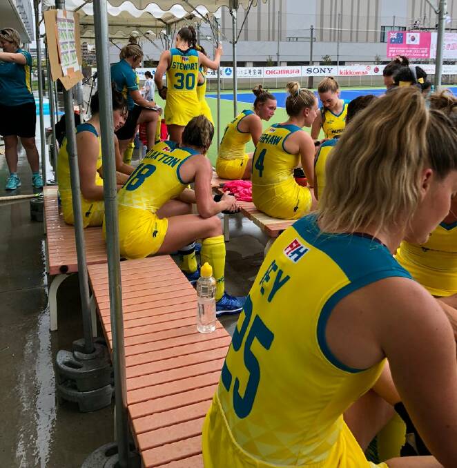 Grace Stewart (30) and her Hockeyroos team mates during their recent trial match with Ibaraki City. Photo: HOCKEY AUSTRALIA