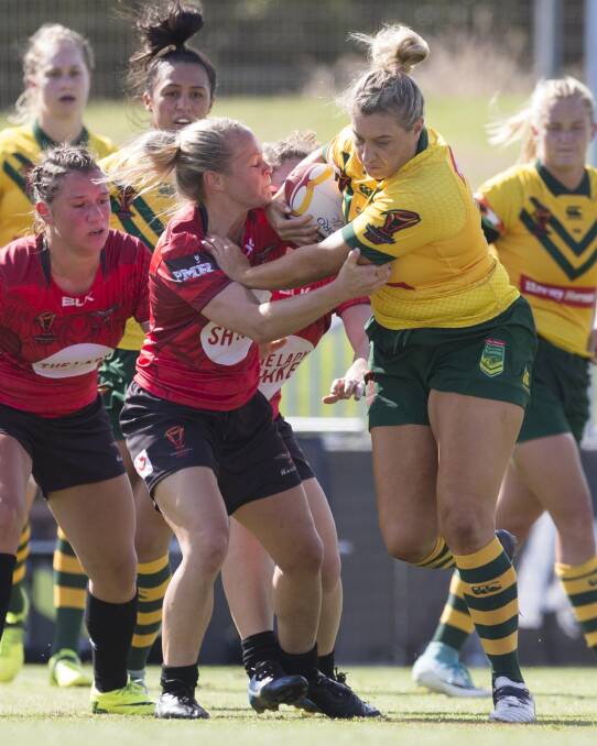Ruan Sims in action for the Jillaroos against Canada. Photo: Craig Golding