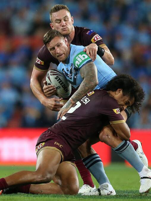 Tariq Sims during his debut for the NSW Blues, in game three of the 2018 State of Origin Series. Photo: JONO SEARLE