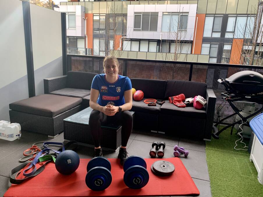 GYM TIME: Ellyse Gamble in her "home gym" at Maribyrnong with metropolitan Melbourne in lockdown. Picture: Ellyse Gamble