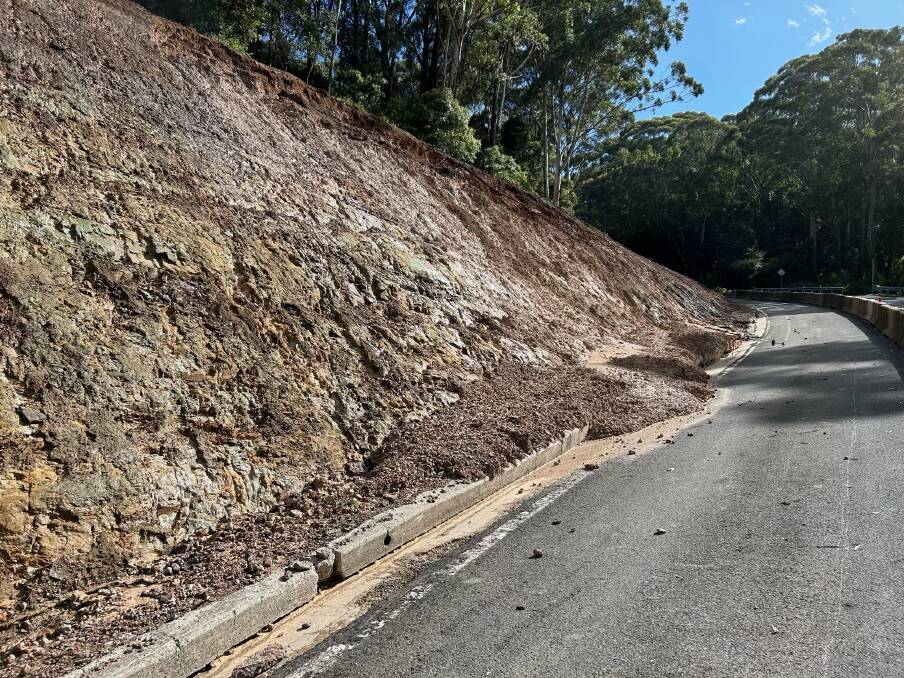 A photo showing the damage to Bulli Pass caused by the weekend's rains. However a Transport for NSW spokesperson said the slope stabilisation now under way will still finish on time. Picture by Transport for NSW