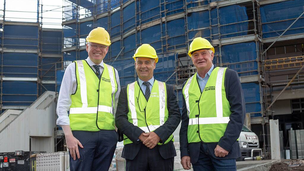 ECONOMY: Kiama member Gareth Ward toured the Blue Haven site with CEO Kerry McMurray and mayor Mark Honey. Photo: supplied.
