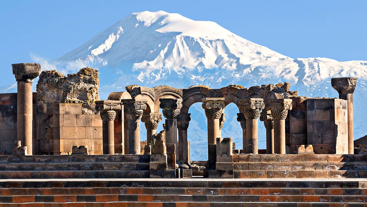 Ruins of the Temple of Zvartnots with the Mount Ararat in the background in Armenia. Picture: Shutterstock