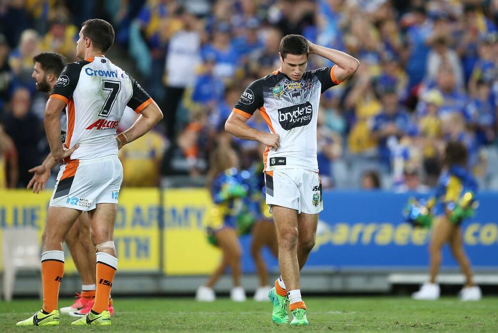 A dejected Mitch Mosesin Tigers olours against Parramatta on Monday. Photo: Getty Images)