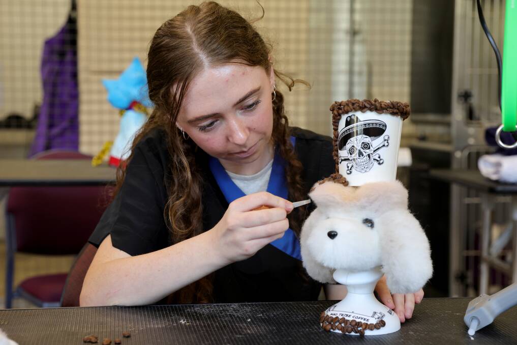 Student Caitlyn Arnold with model dog inspired by barista who comes to NSW TAFE Yallah. Picture by Sylvia Liber