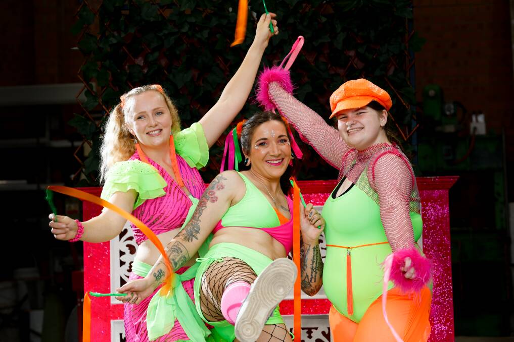Sally Smith, Laura Lee and Charlotte Koskela and dozens other Shellharbour Shag Harders will strut their stuff in the Sydney Gay and Lesbian Mardi Gras on Saturday. Picture: Anna Warr