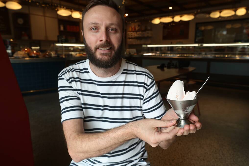 Sam Crowl, with a bowl of turkish delight gelato, which was one of three flavours from Cow and the Moon to win gold at the Royal Easter Show. Picture by Robert Peet