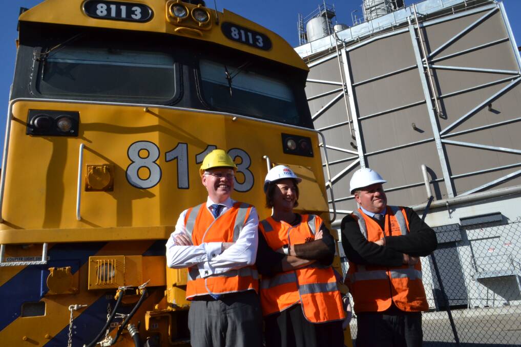 Kiama MP Gareth Ward, NSW Roads, Maritime and Freight minister Melinda Pavey and Manildra's Mark Owens look forward to a more efficient rail link. Picture: Rebecca Fist