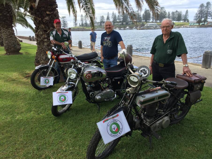READY AND RARING: Philip Howcho, Martin Edwards and Denis Tobler show off their bikes at Black Beach, Kiama. Phil owns a 1972 Yamaha X52, Martin owns a 1962 B.S.A Golden Flash and Denis owns a 1918 Triumph. Picture: Rebecca Fist