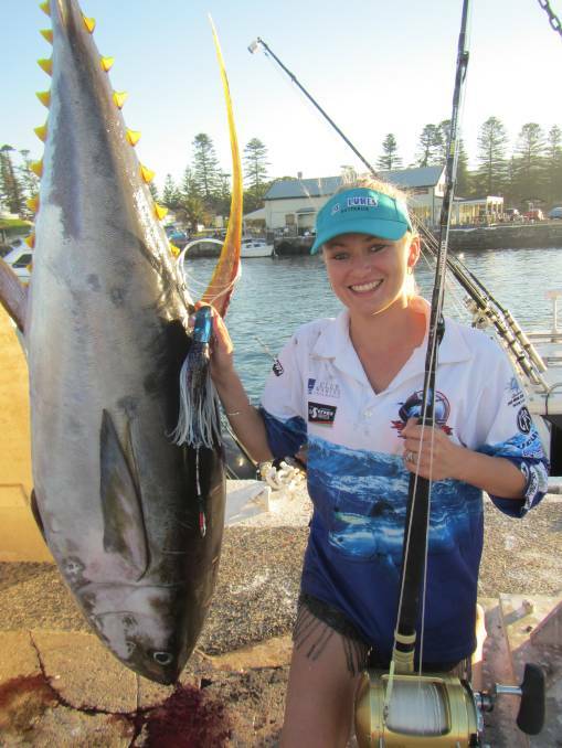 Chrissy Meneghel with a 66kg Yellowfin tuna at the annual Big Fish Classic tournament. Picture: Supplied