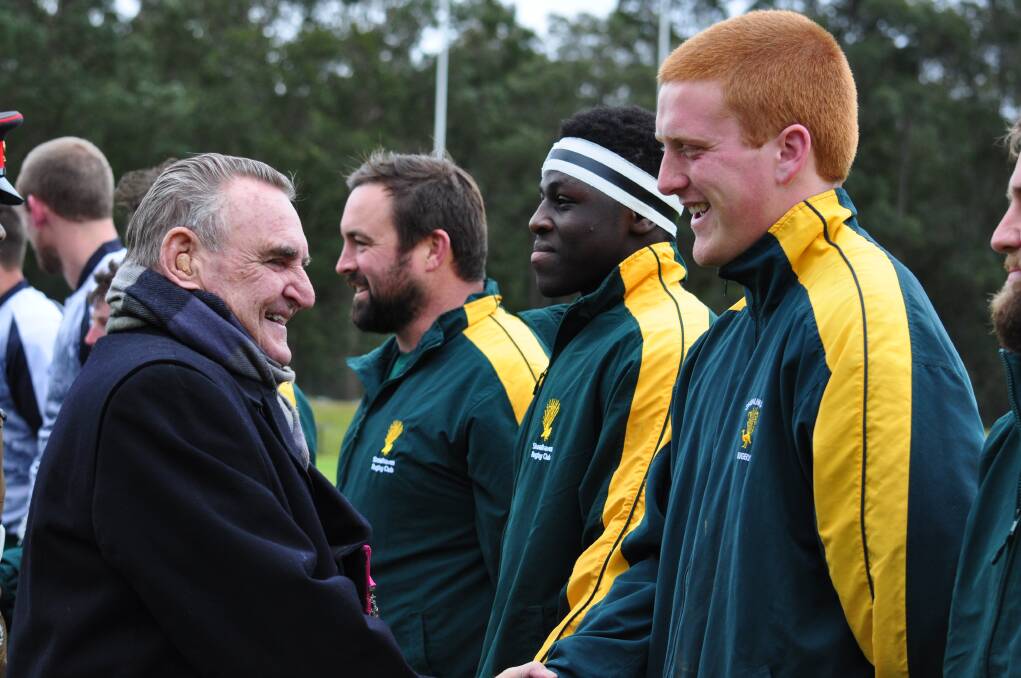 SOMETHING TO REMEMBER: Victoria Cross recipient Keith Payne AM has attended every Digger Day event in the Shoalhaven and it is always a highlight when he meets the players before kick off. Here he meets Shoalhaven’s Angus Clark.