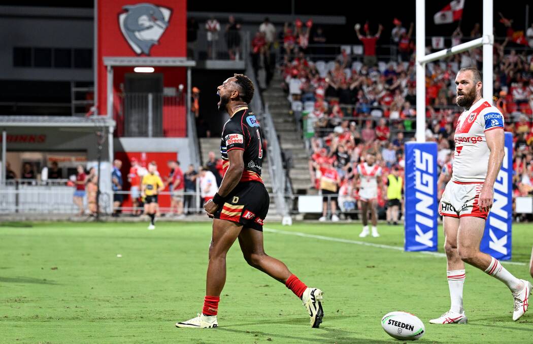 Hamiso Tabuai-Fidow had his first career hat-trick at the Dragons expense on Sunday night. Picture Getty Images