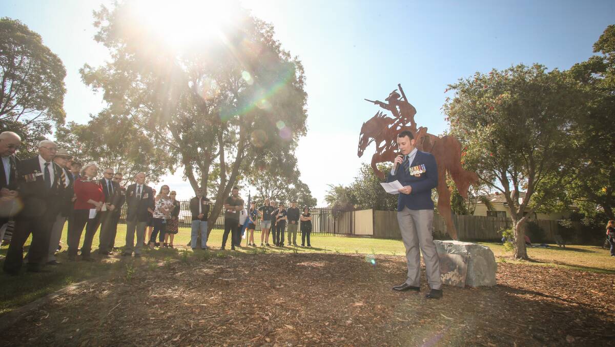 LIGHT HORSEMAN MEMORIAL: Albion Park RSL Sub Branch treasurer Beau Byers speaks at the unveiling of the World War I memorial at Mood Park. Picture: Georgia Matts