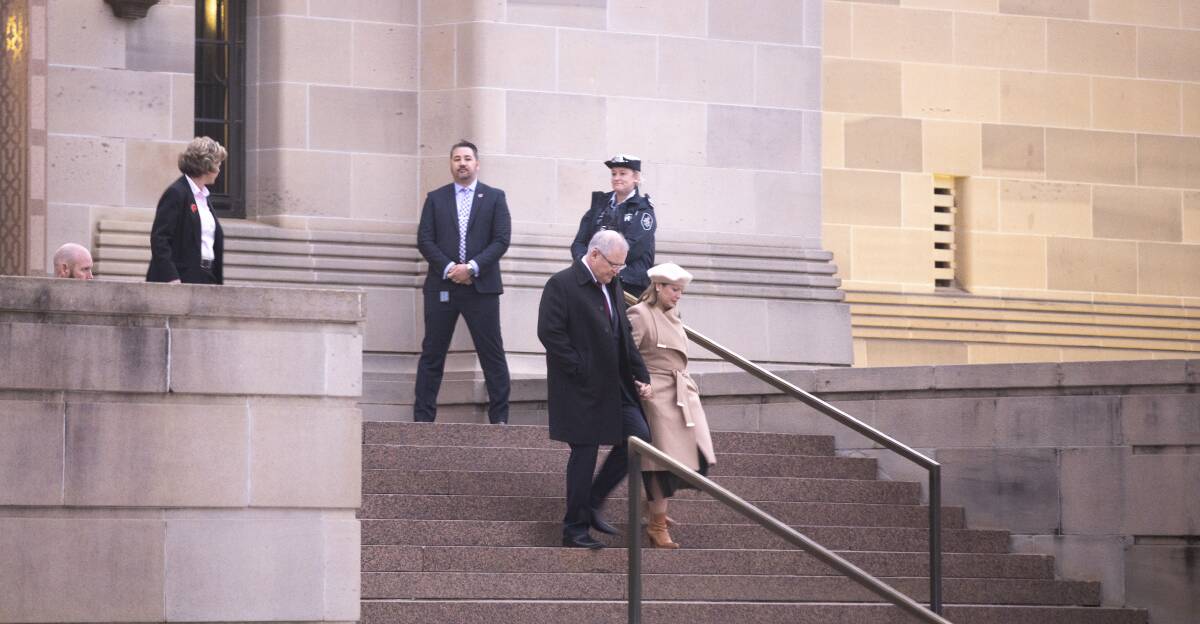 Prime Minister Scott Morrison leaves the Australian War Memorial after attending the COVID-19 restricted dawn service. Picture: Sitthixay Ditthavong 